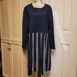 NWT $70 1X New York Collection Sweater Dress, Navy Blue Striped